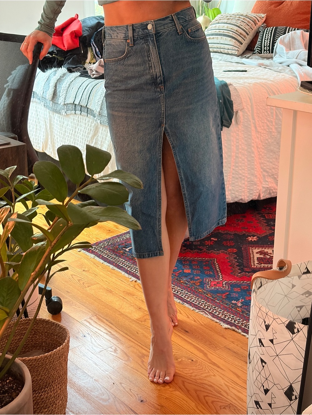 Denim Forum- “Halle” Denim Midi Skirt with Front Slit - Blue